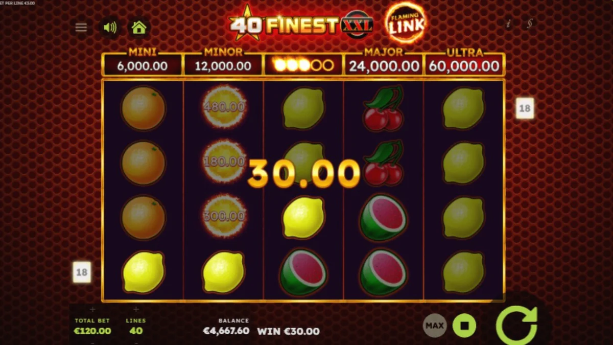 Tampilan visual slot 40 Finest XXL Flaming Link dengan tema buah retro dan neon